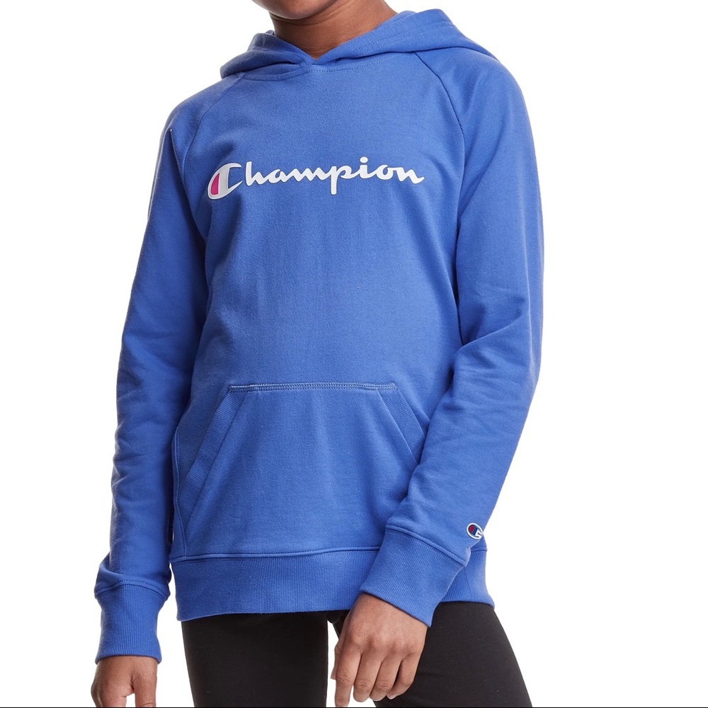 Champion French Terry Script Logo Raglan Sleeve Blue Hoodie Girl’s Size Large - Picture 1 of 11